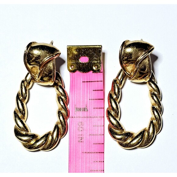 Vintage Dangle Post Earrings Twisted Texture Hoop Gold Tone 1.5" EUC! - Picture 5 of 7